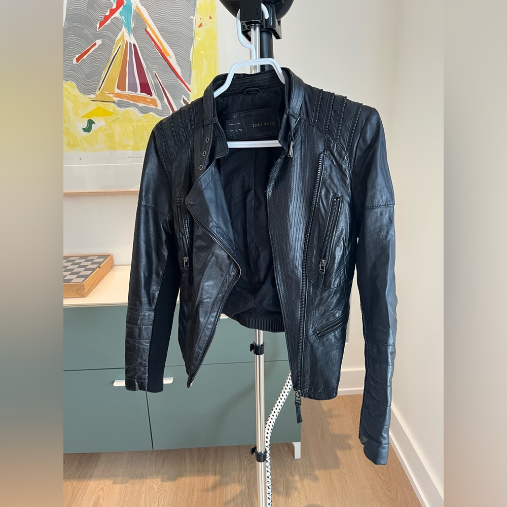 Zara leather cropped moto jacket